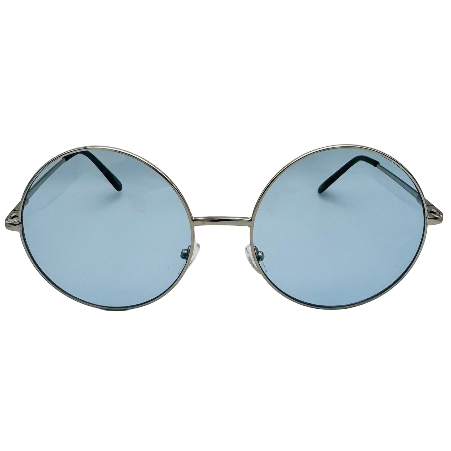 Round sunglasses with blue lenses on a light gray background