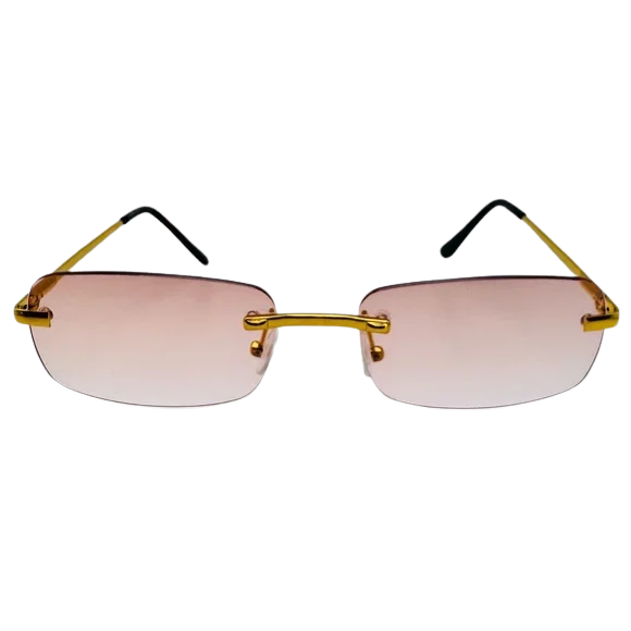 Sunglasses with gold frames and pink-tinted lenses on a white background