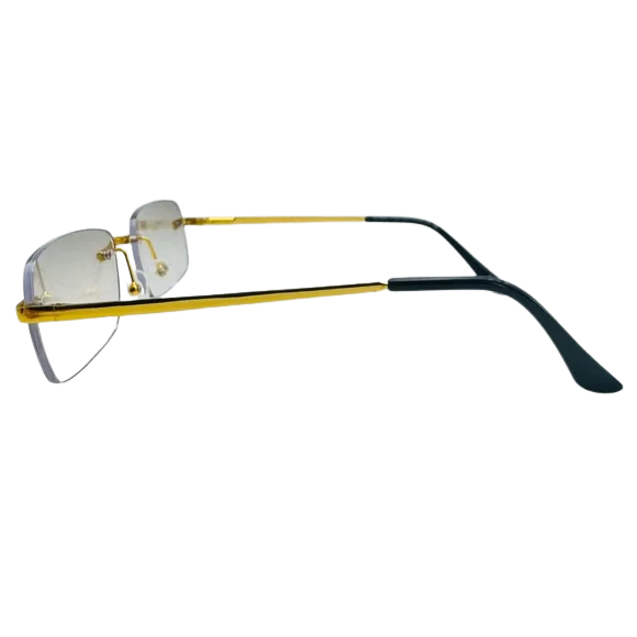 Gold-framed eyeglasses with black arms on a white background