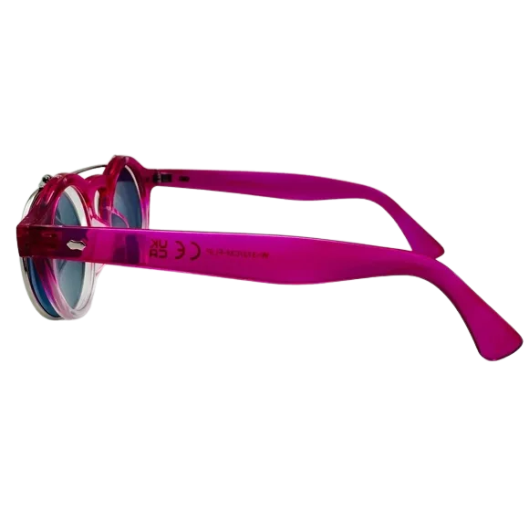 Pink sunglasses with reflective lenses on a white background