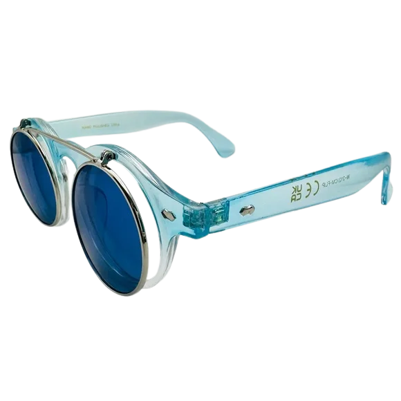 Blue round sunglasses with clear frame on a white background