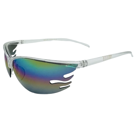 Sunglasses with colorful lenses and clear frame on a white background