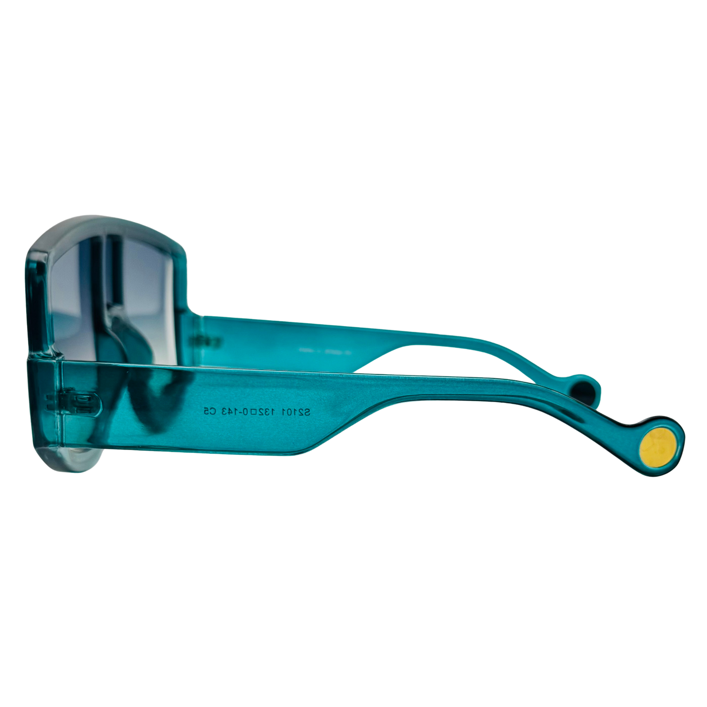 Teal sunglasses with a yellow button on a white background