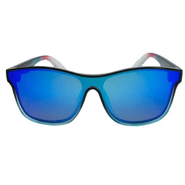 Sunglasses with blue reflective lenses on a white background