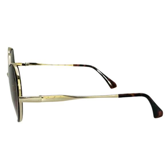 Gold-framed sunglasses with tortoiseshell accents on a white background