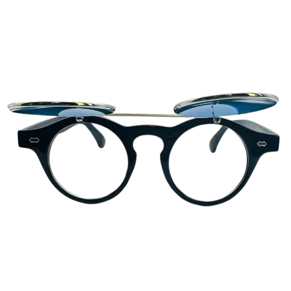Black round eyeglasses with blue-tinted lenses on a white background