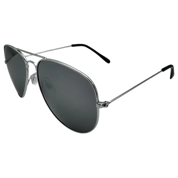 Aviator sunglasses with dark lenses and metal frame on a white background
