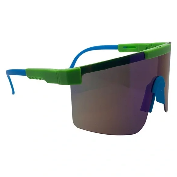 Green/Blue Mirrored Lens Wrap Sunglasses