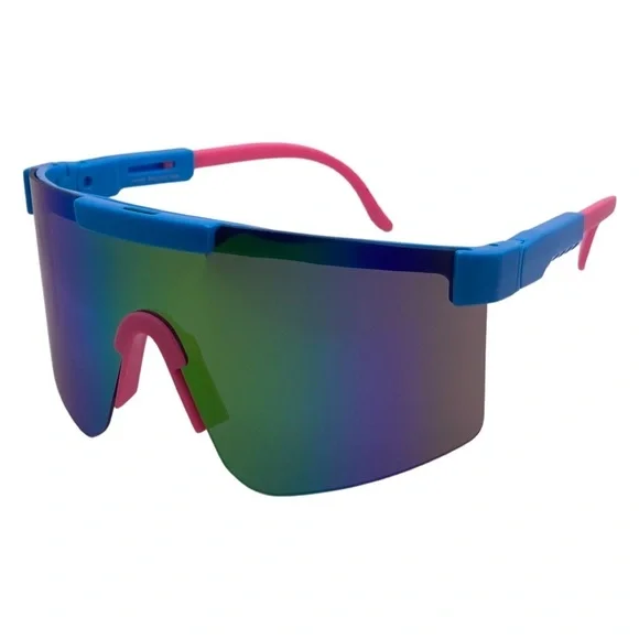 Blue/Pink Mirrored Lens Wrap Sunglasses