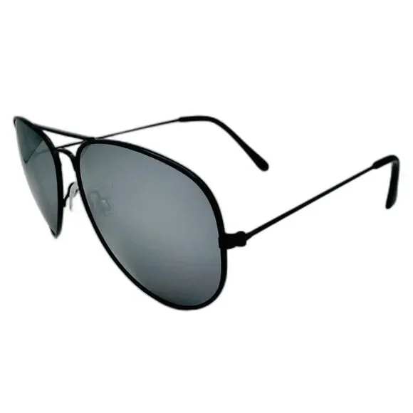 Black sunglasses with reflective lenses on a white background