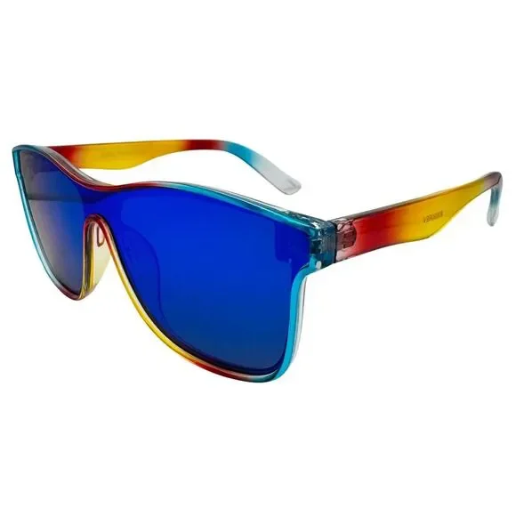 Sunglasses with a colorful frame and blue lenses on a white background