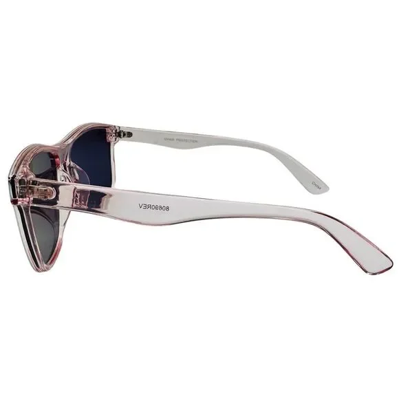 Sunglasses with a clear frame and dark lenses on a white background