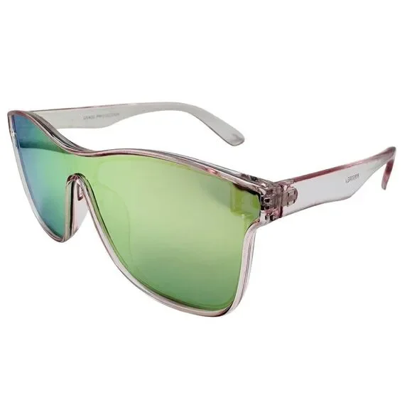 Sunglasses with green lenses and a clear frame on a white background