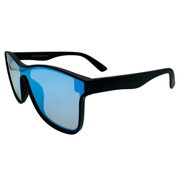 Black sunglasses with blue lenses on a white background