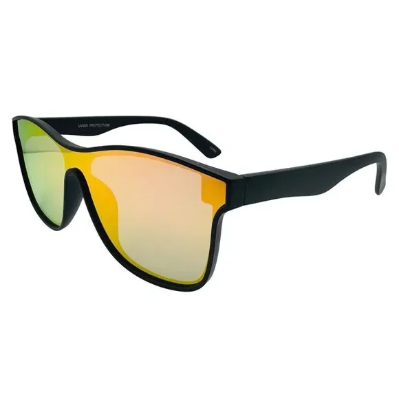 Sunglasses with black frame and reflective yellow lenses on a white background