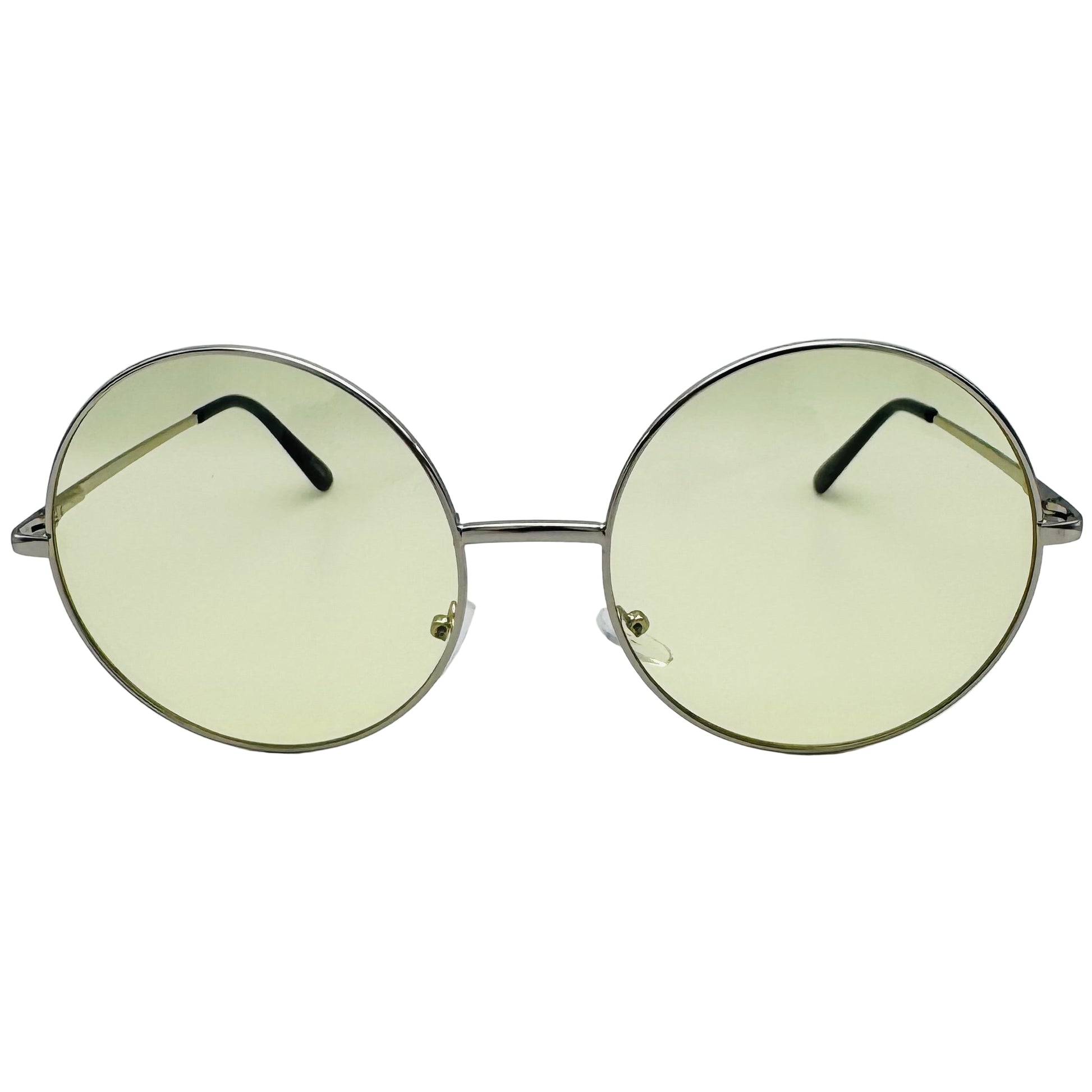 Round sunglasses with gold frame and green-tinted lenses on a light gray background