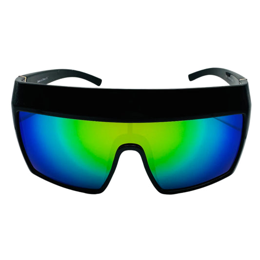 Sunglasses with black frame and multicolored lenses on a white background