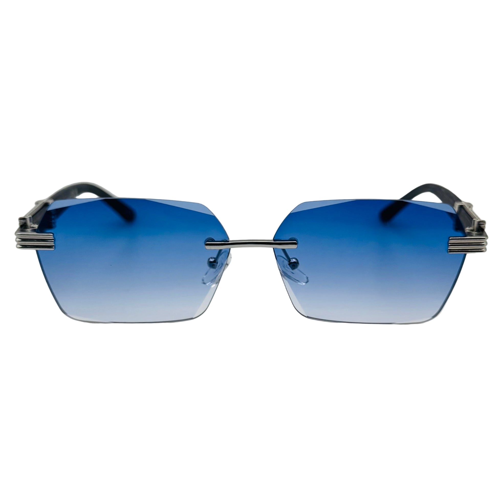 Sunglasses with blue gradient lenses on a light gray background