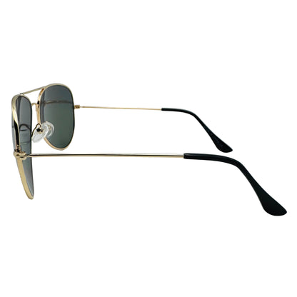 Sunglasses with gold frame and black arms on a light gray background