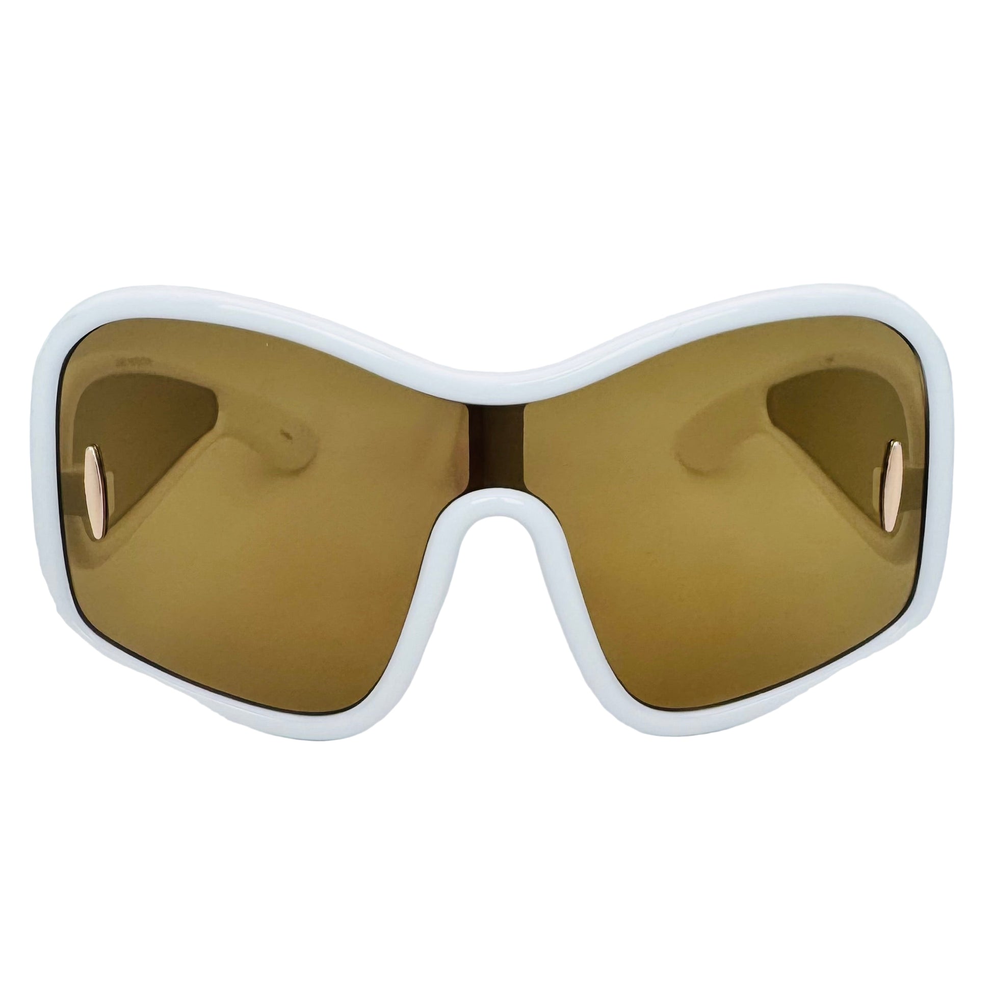 Sunglasses with white frame and brown lenses on a light gray background