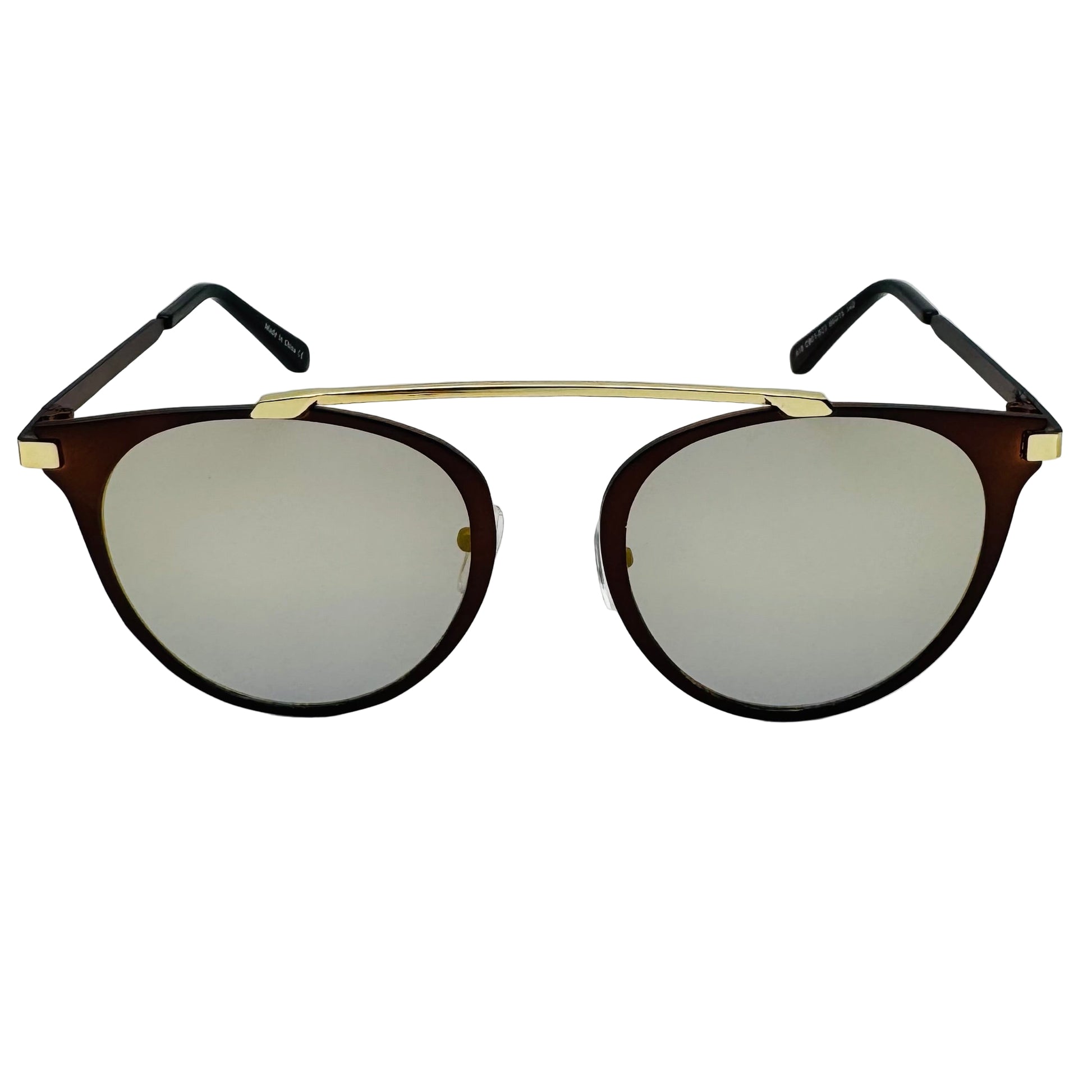 Sunglasses with brown frame and reflective lenses on a light gray background