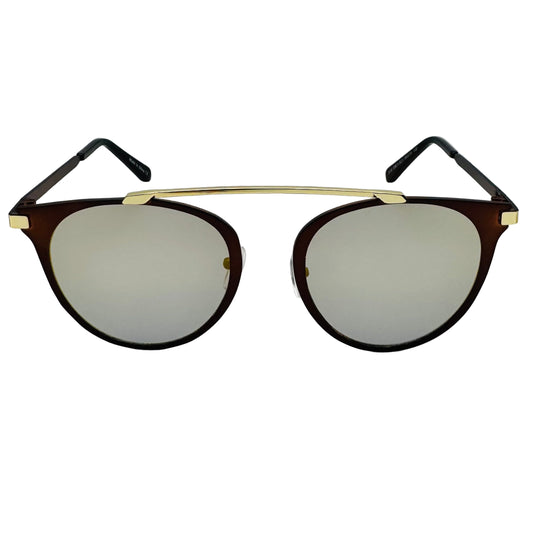 Sunglasses with brown frame and reflective lenses on a light gray background