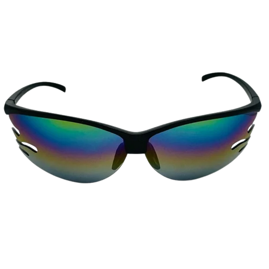 Sunglasses with black frame and multicolored lenses on a white background