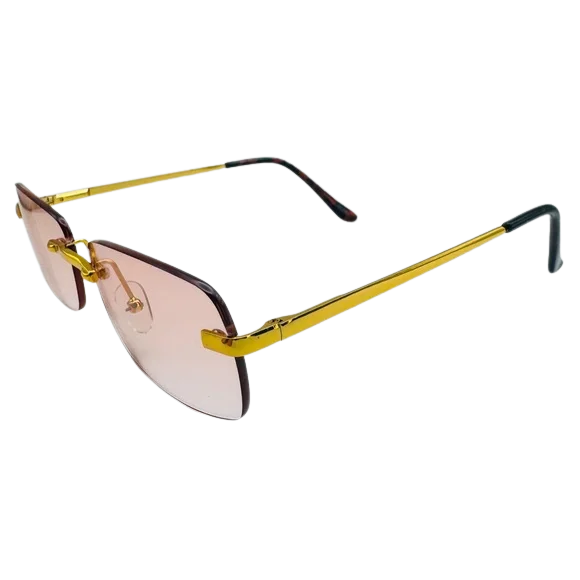 Sunglasses with gold frame and pink-tinted lenses on a white background