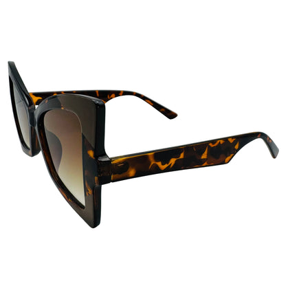 Sunglasses with tortoiseshell frame and dark lenses on a white background