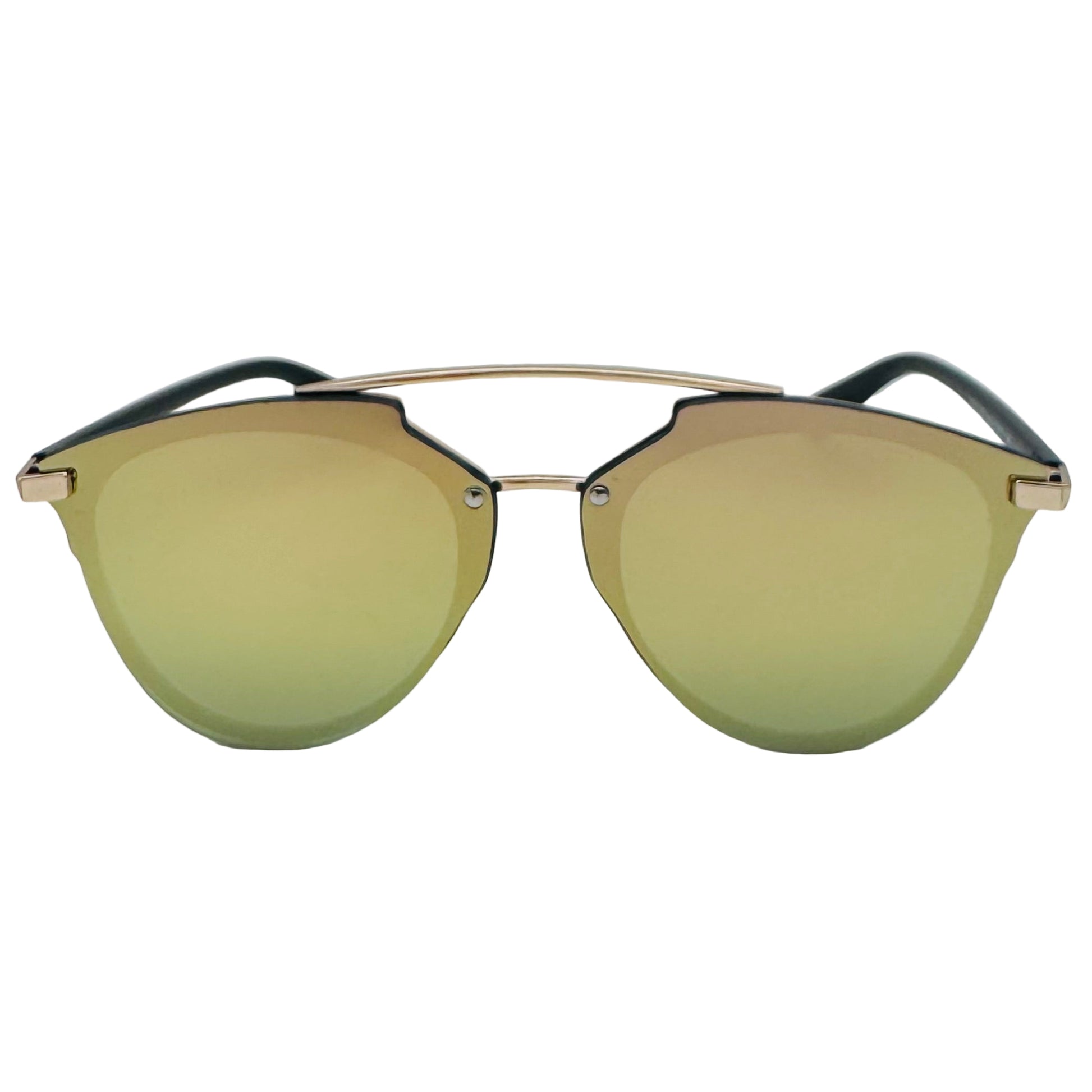 Sunglasses with gold gradient lenses and black frames on a white background