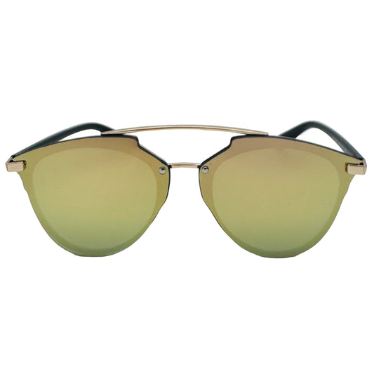 Sunglasses with gold gradient lenses and black frames on a white background