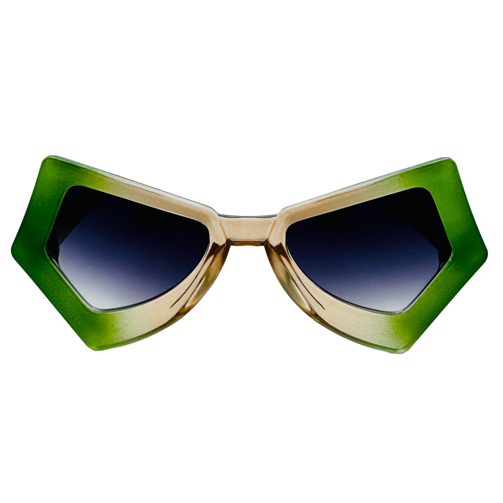 Sunglasses with green and gold frame on a white background