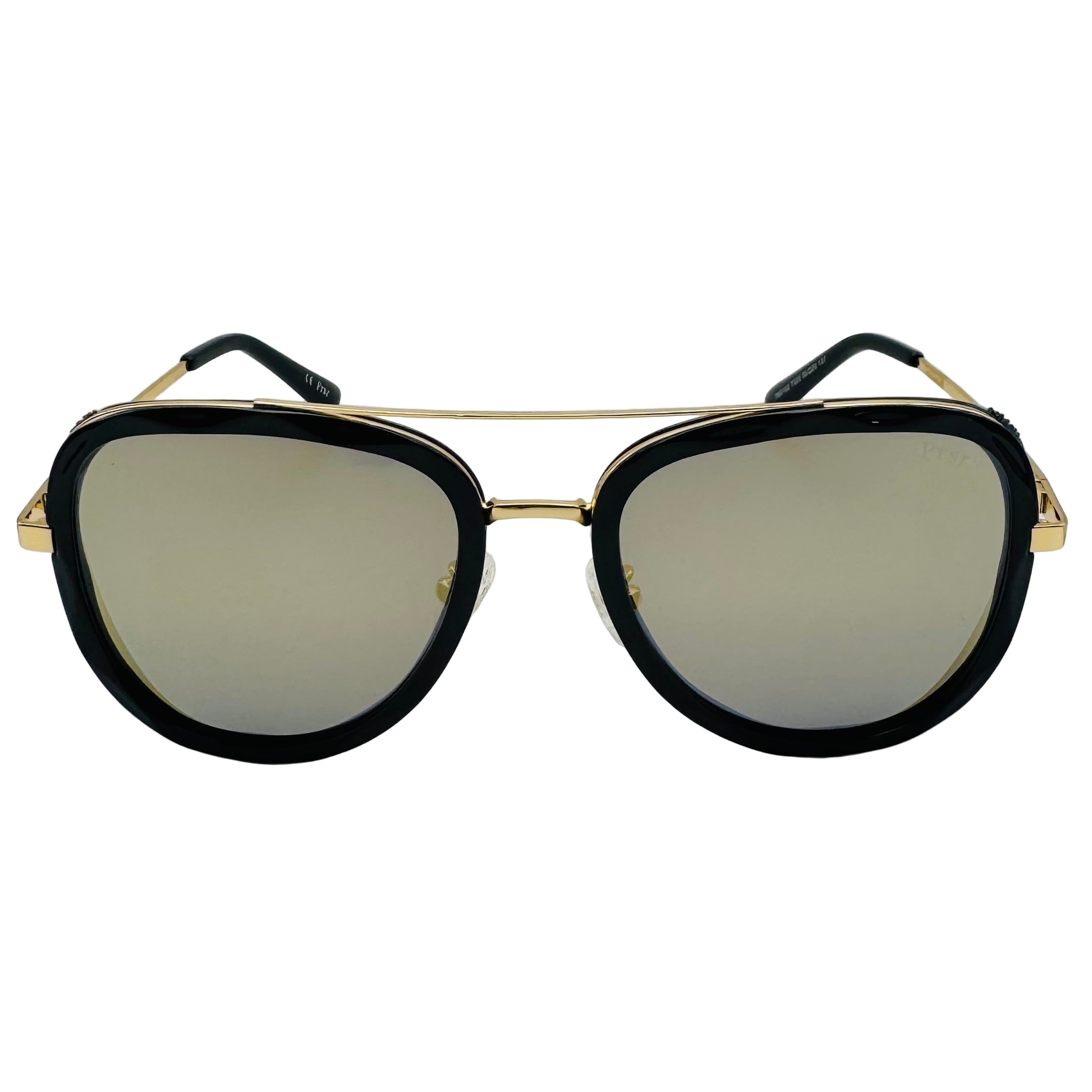 Black sunglasses with colorful embellishments on a white background