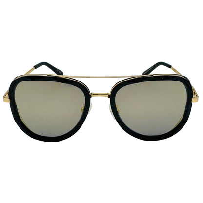 Sunglasses with black frames and gold accents on a white background