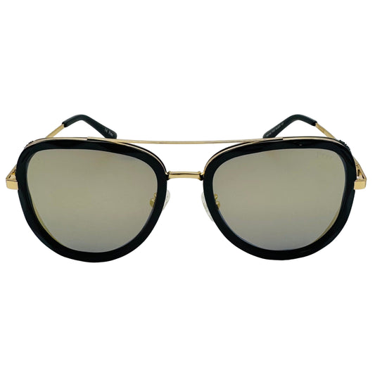 Sunglasses with black frames and gold accents on a white background