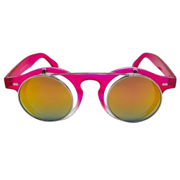 Pink sunglasses with reflective gold lenses on a white background