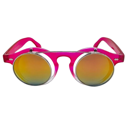 Pink sunglasses with reflective gold lenses on a white background