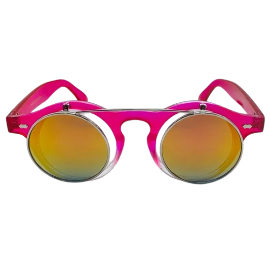 Pink sunglasses with reflective gold lenses on a white background