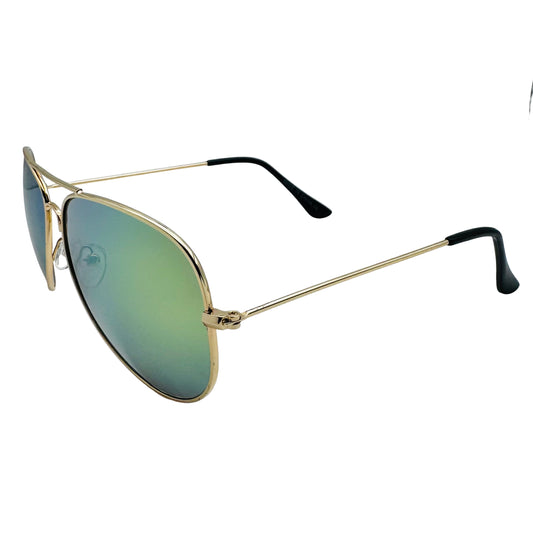 Gold-framed sunglasses with green-tinted lenses on a light gray background