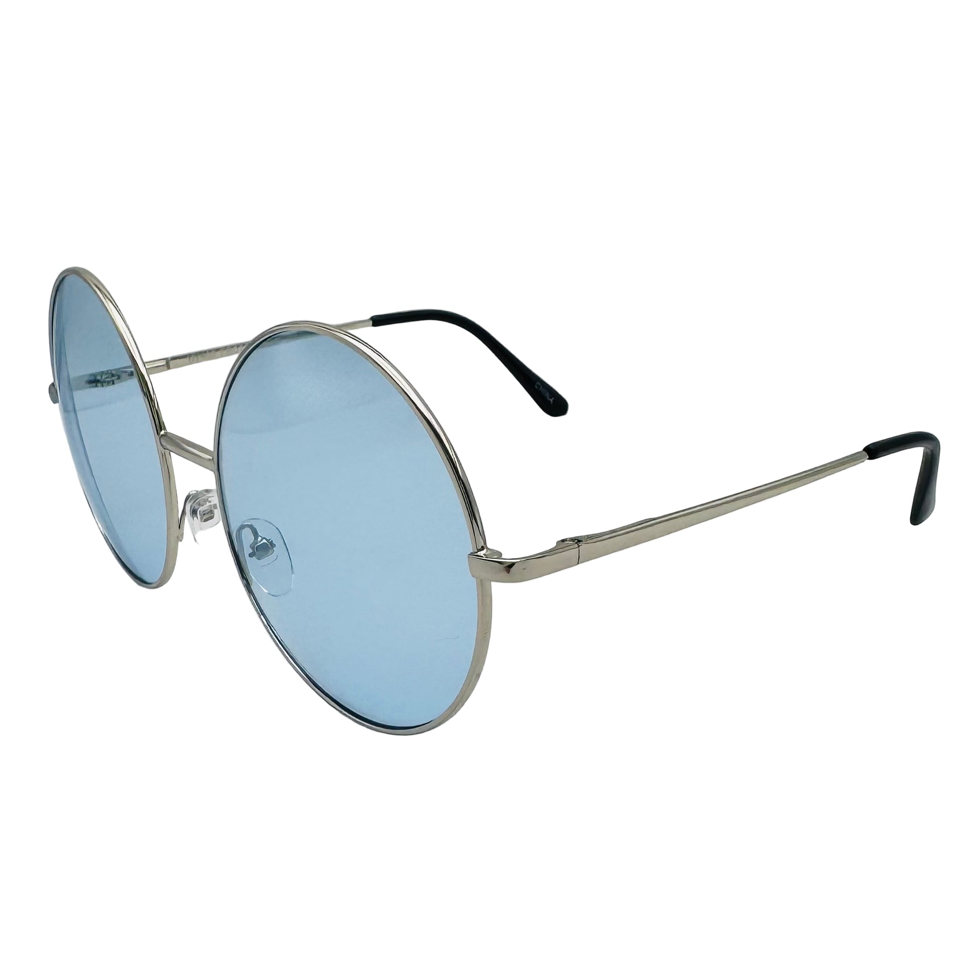 Round sunglasses with silver frame and blue lenses on a light gray background