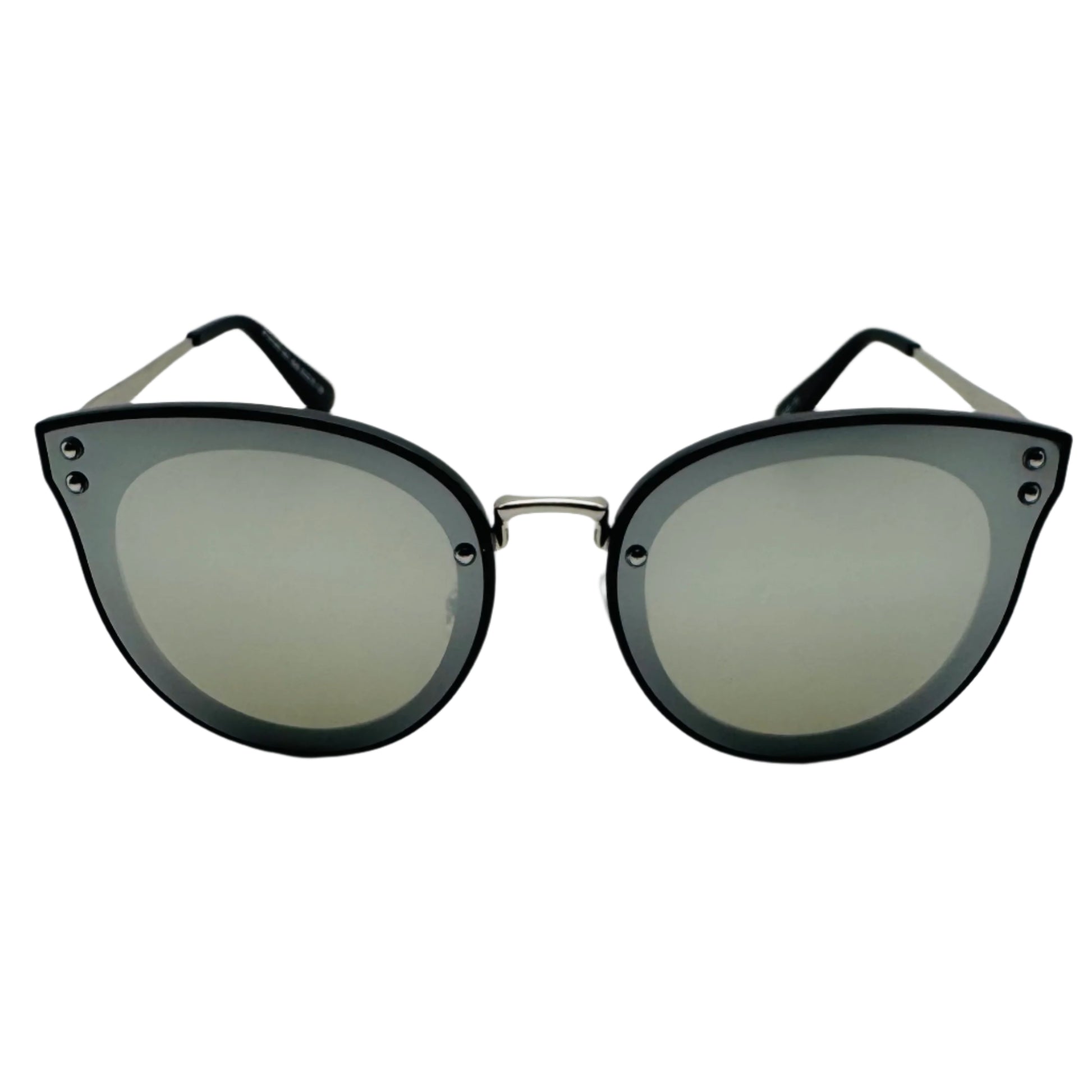 Cat-eye sunglasses with black frames and reflective lenses on a light gray background