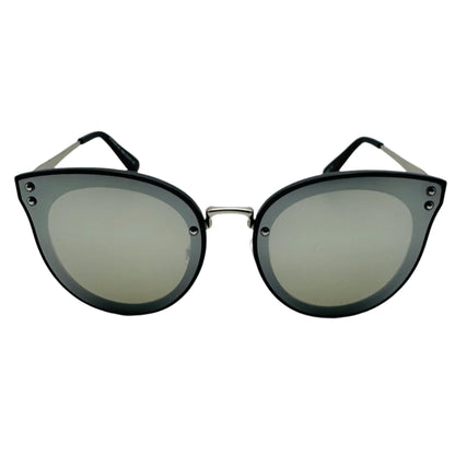 Cat-eye sunglasses with black frames and reflective lenses on a light gray background