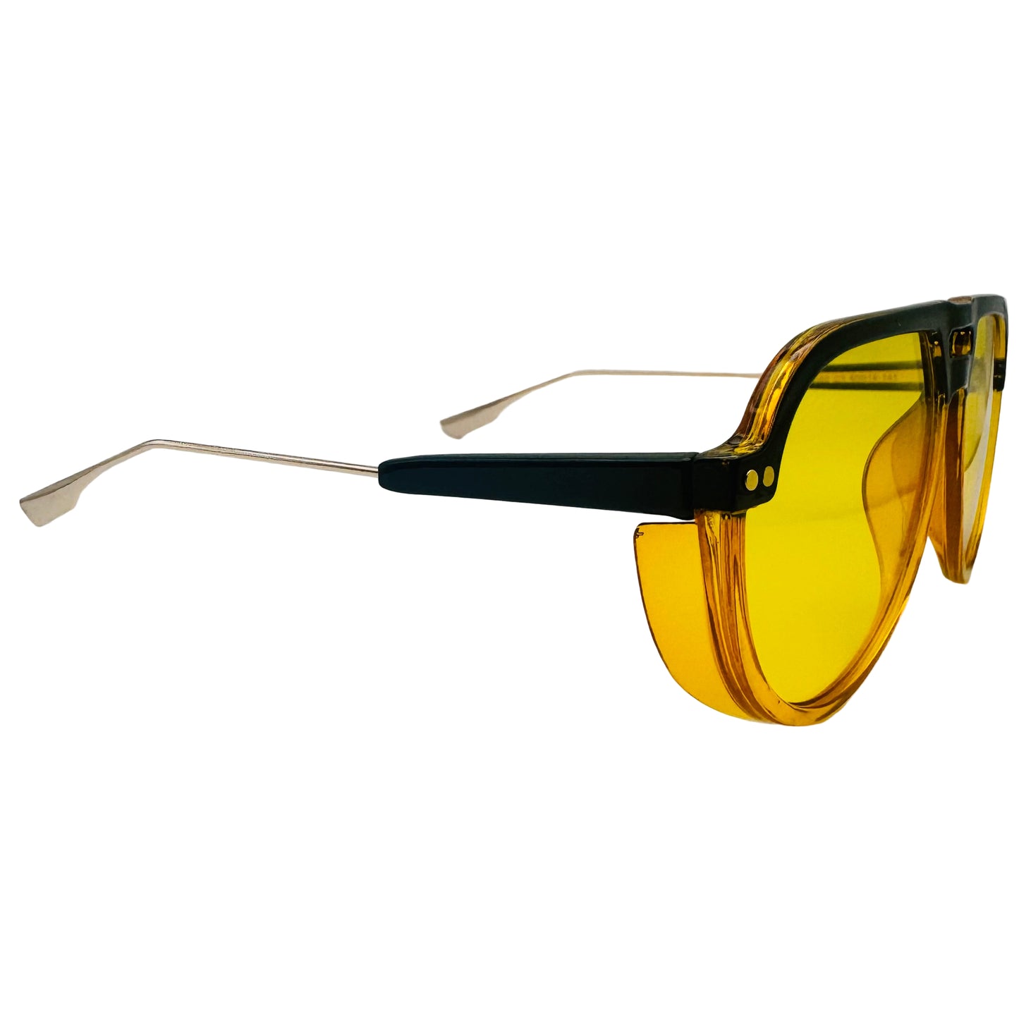 Sunglasses with yellow lenses and black and gold frames on a white background