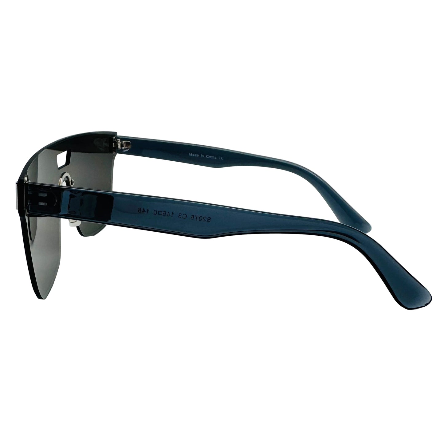 Sunglasses with dark lenses and blue frames on a light gray background