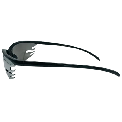 Black safety glasses with clear lenses on a white background