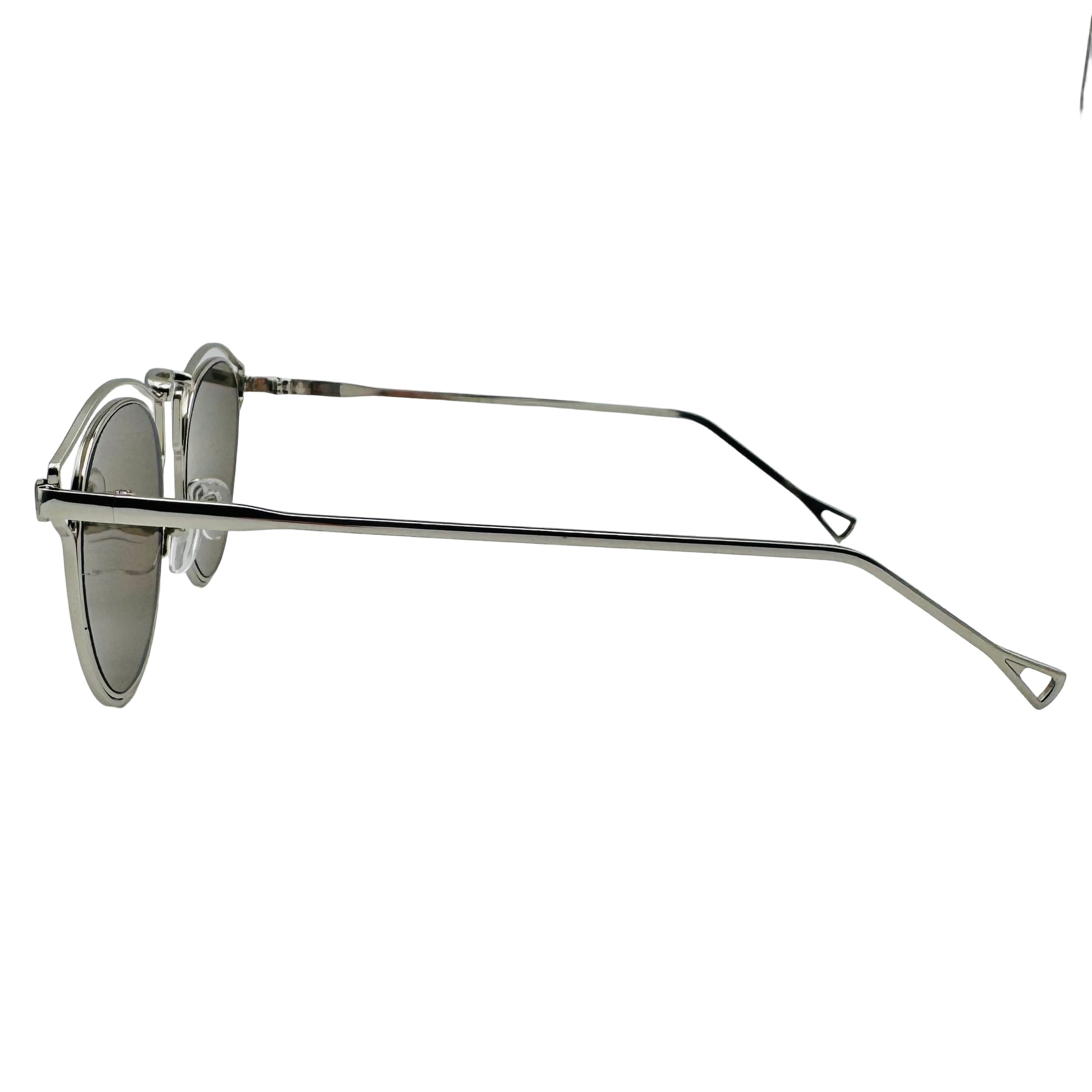 Silver sunglasses on a light gray background