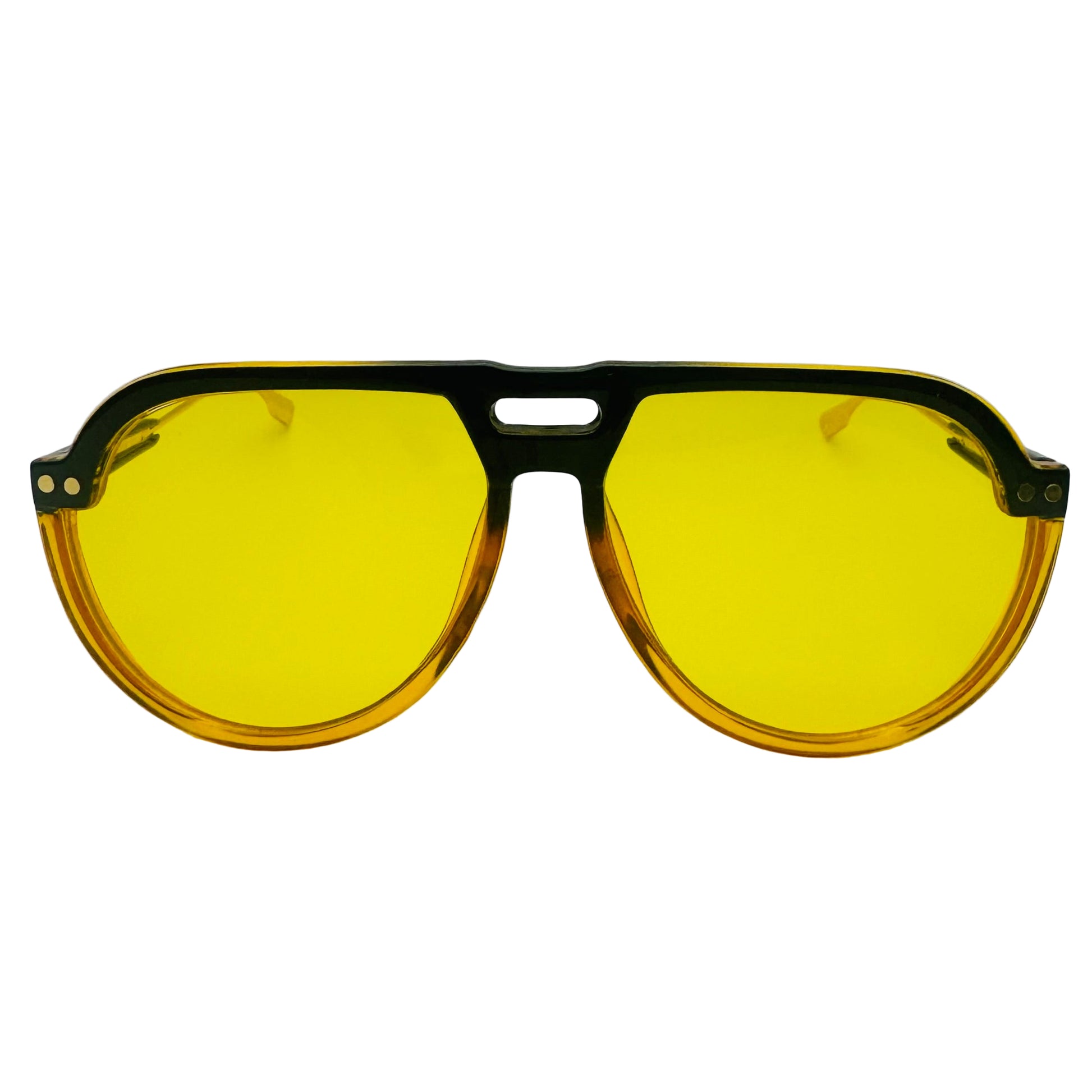 Sunglasses with yellow lenses and black frames on a light gray background