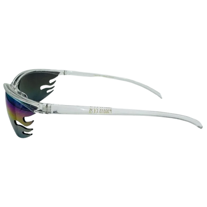 Sunglasses with colorful frame and reflective lenses on a white background