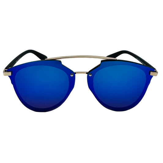 Blue sunglasses with black frames on a white background