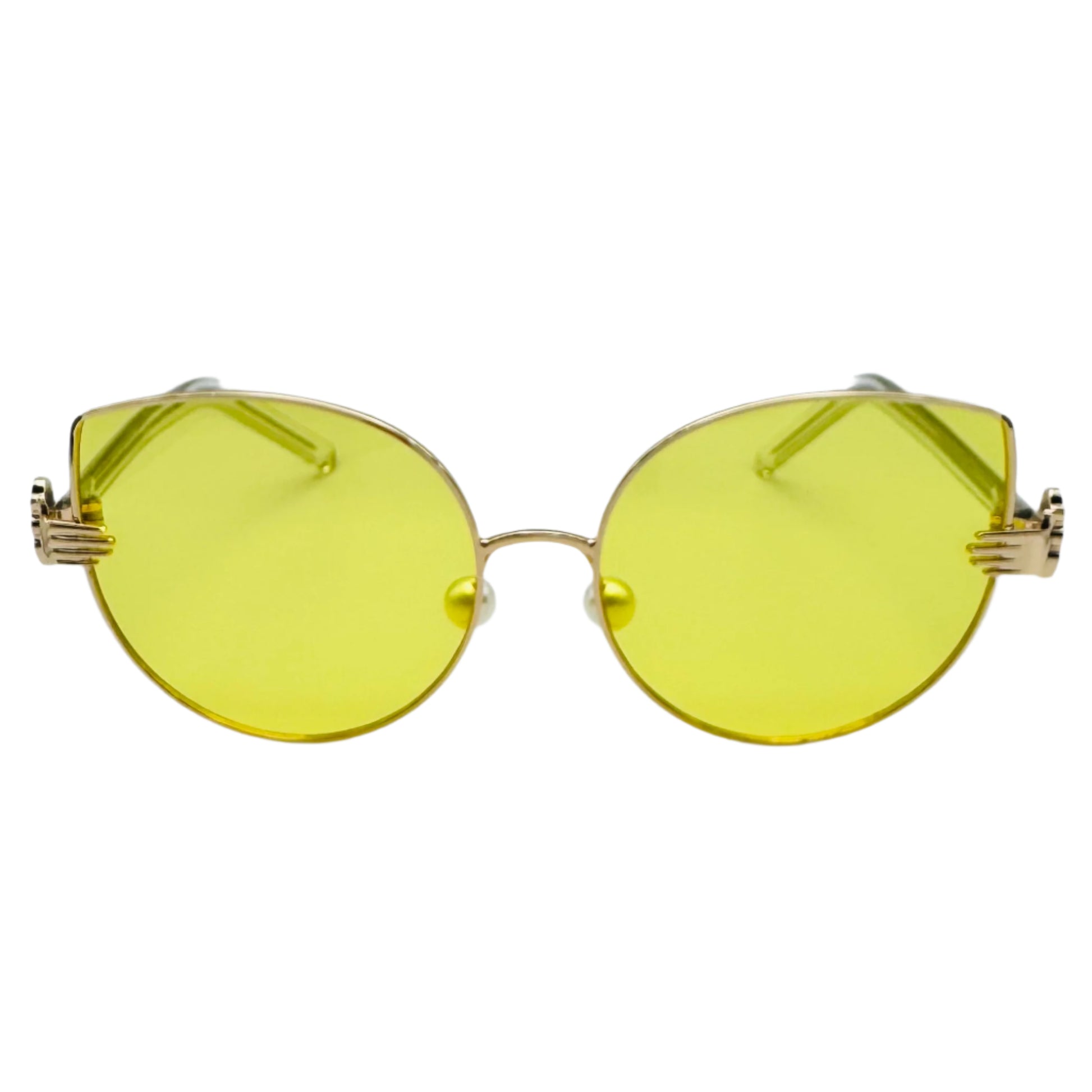 Gold-framed sunglasses with yellow lenses on a white background